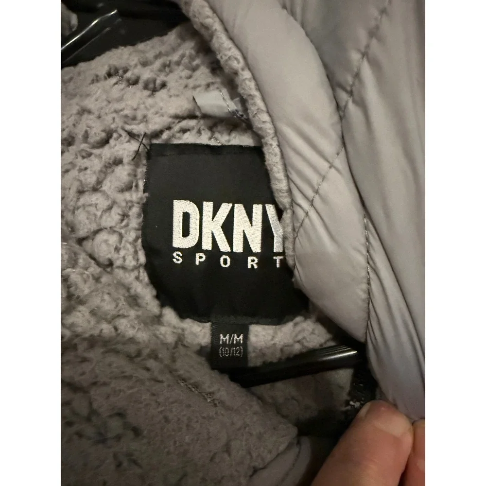 DKNY Sport Kids Grey Puffer Jacket Hooded Sherpa Lined Size M 10 12 - Picture 3 of 7